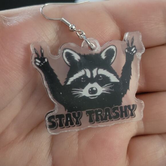 "Stay Trashy" acrylic raccoon earrings - Picture 1 of 3